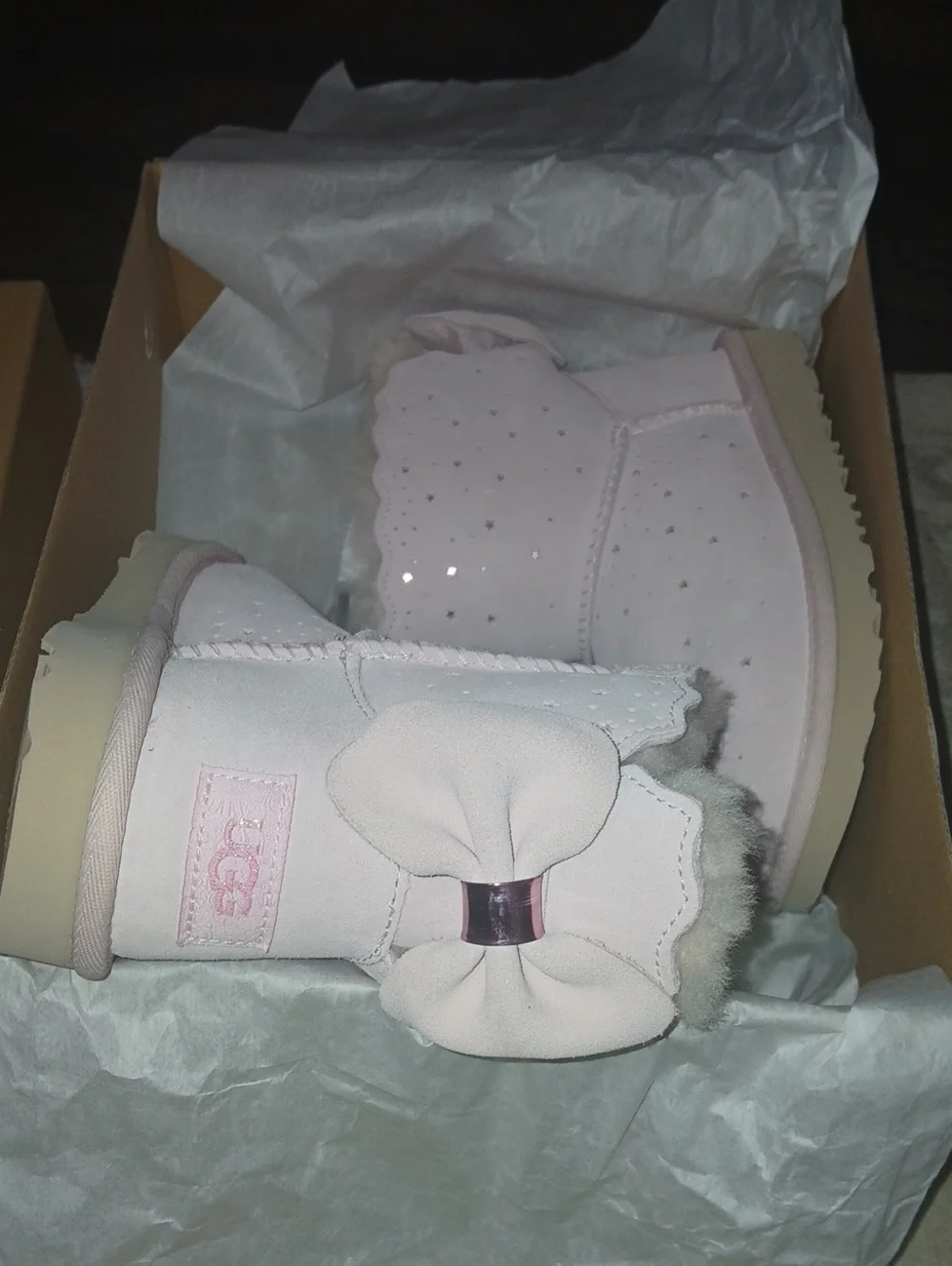 UGG Light Pink Bow Mini Boots with Sparkle Studs